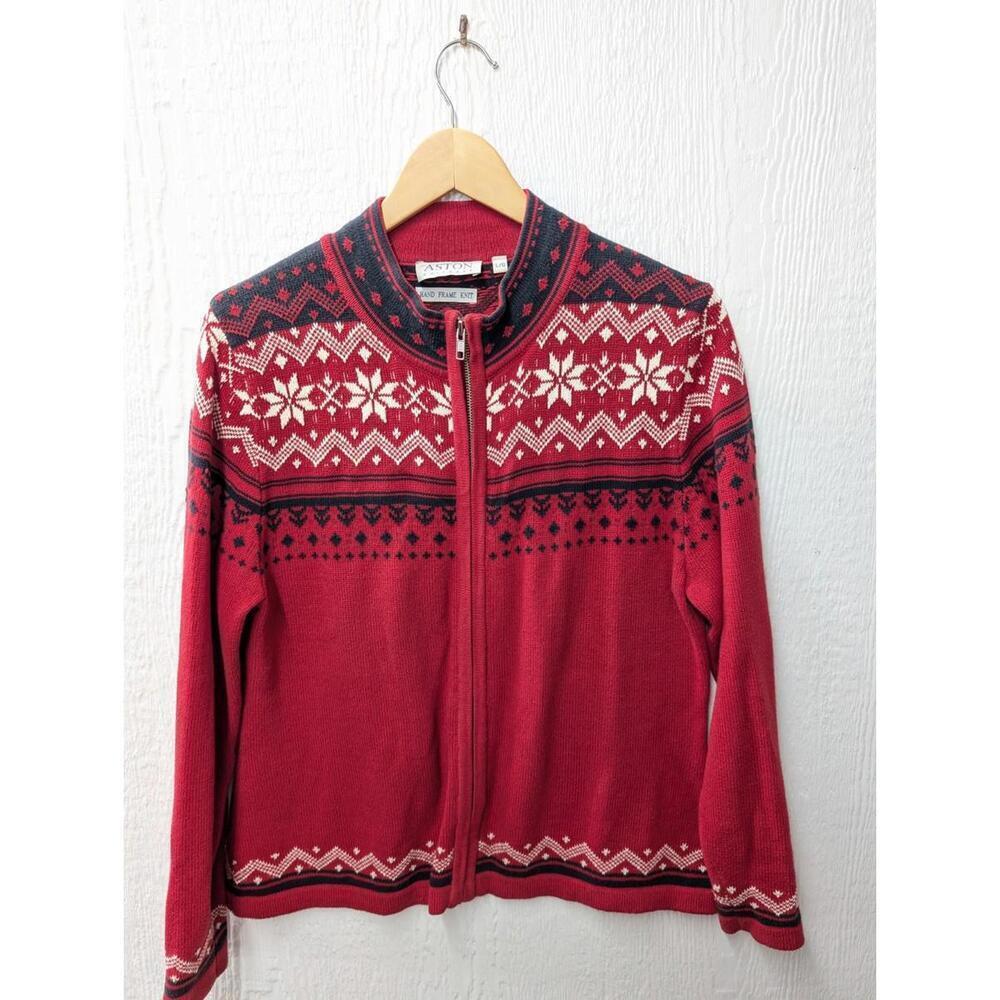 Vtg Aston Knitwear Hand Frame Knit 100% Cotton Fair Isle Cardigan Sweater Large